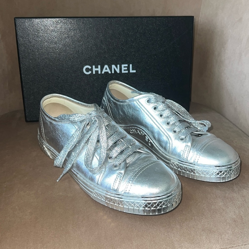 Chanel SILVER Laminated Lambskin Sneakers - Size 39